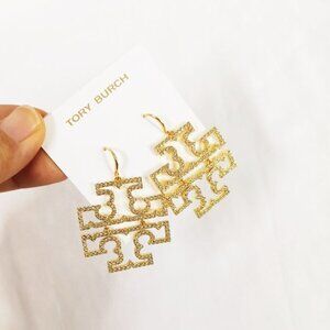TORY BURCH BRITTEN Logo Drop Dangle crystal Earrings Gold